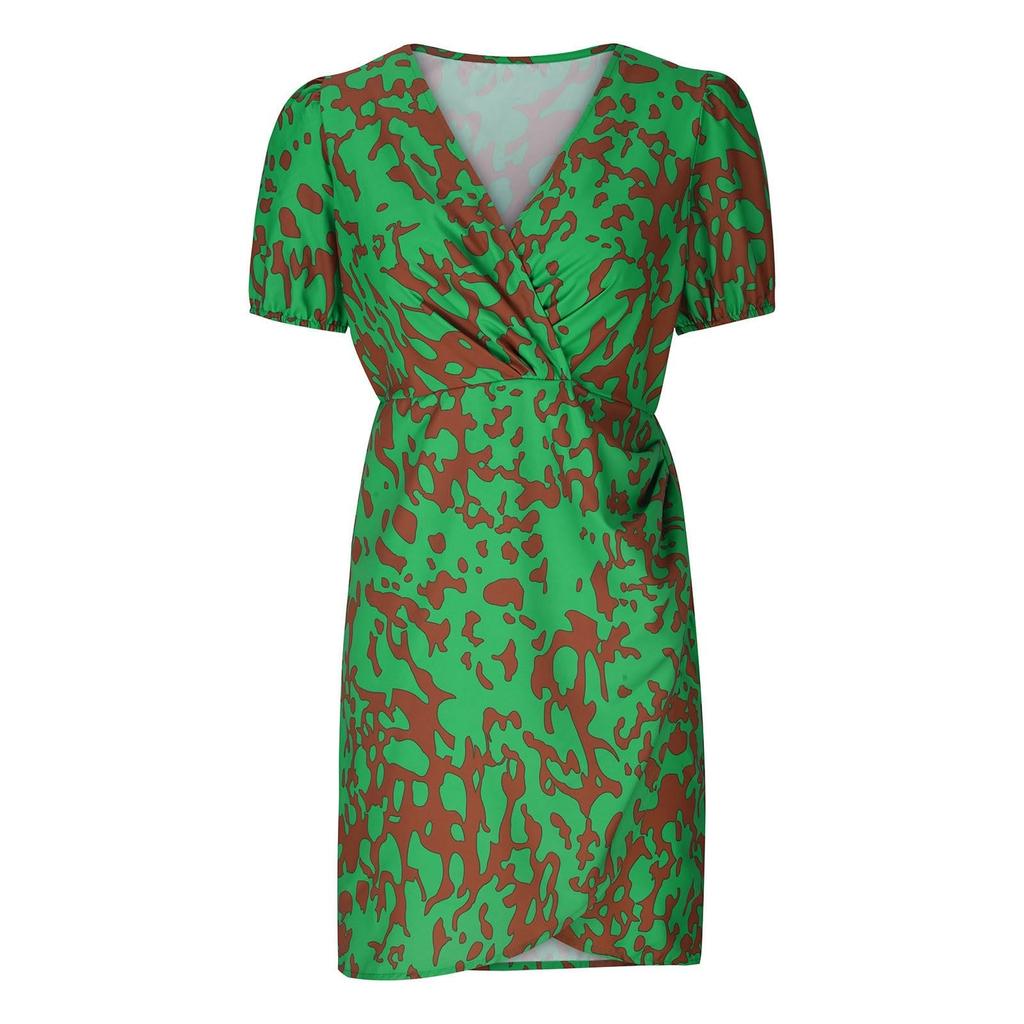 Women's Short Summer Dresses Casual Painted Prints Puffy Sleeve Wrap V Neck Dress High Waist Trendy Print Wrap Hem Beach Dress