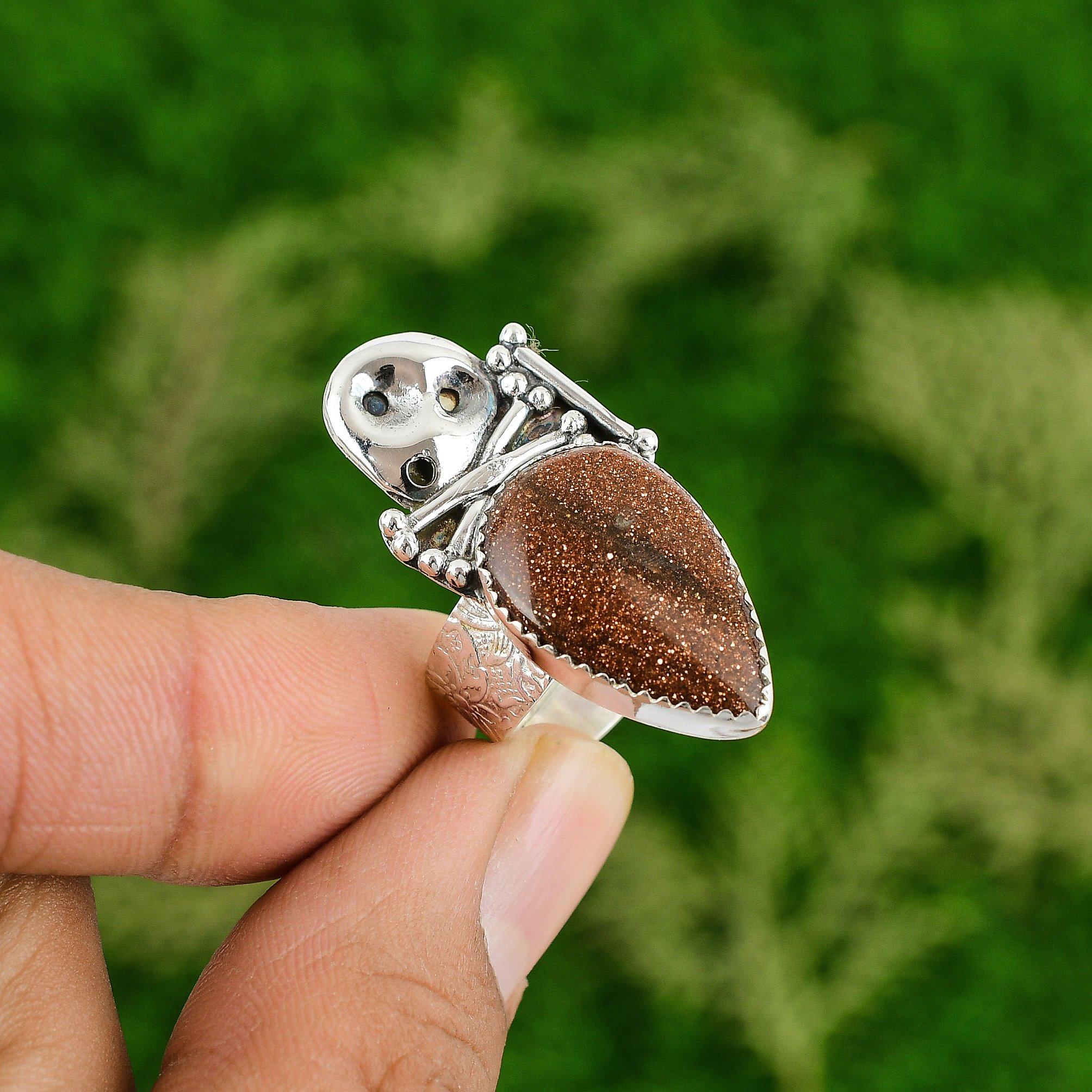 

Natural Sunstone Gemstone Statement Skull And Bone Adjustable Ring 925 Silver Adjustable