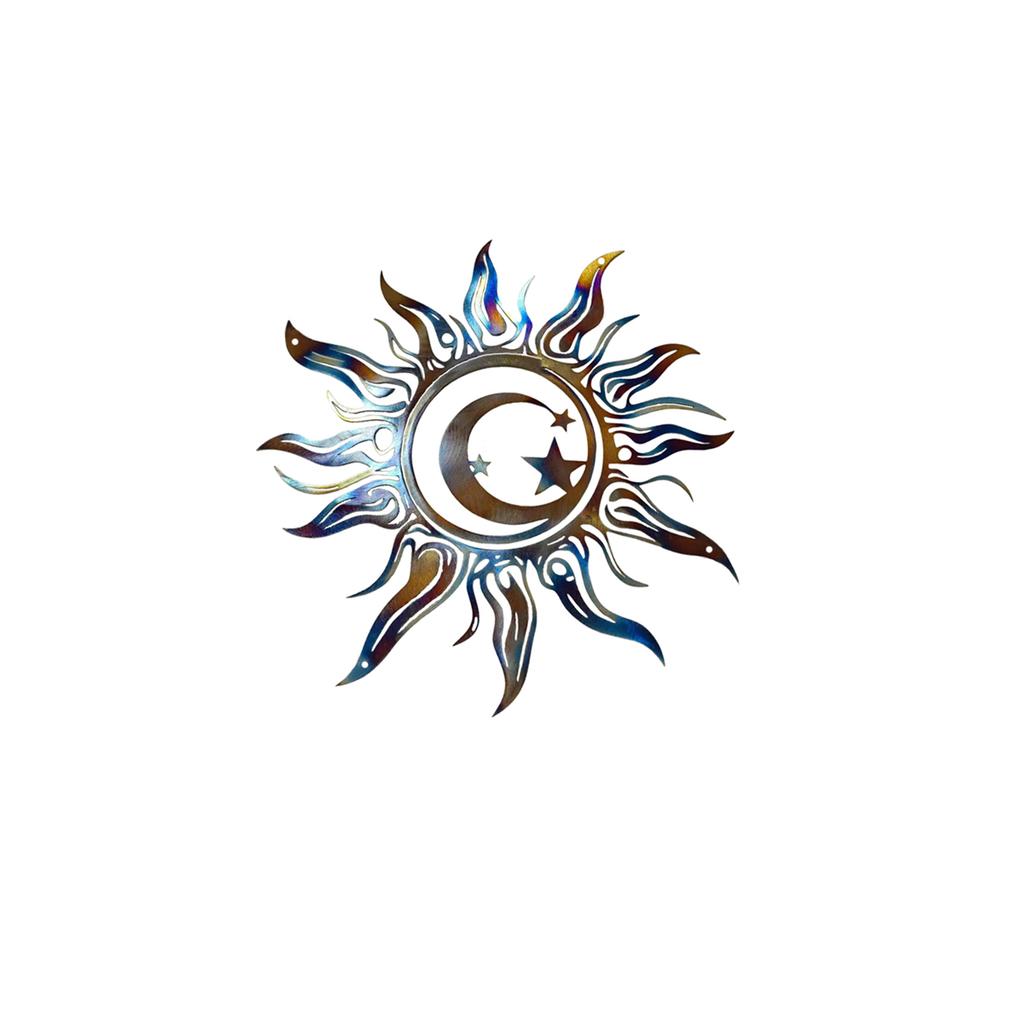 1 szt. Nietuzinkowa dekoracja ścienna z żelaza artystycznego na zewnątrz, Unikalna dekoracja na patio i do ogrodu, Fantazyjne spiralne słońce, Słońce z księżycem i gwiazdami, Metalowa dekoracja