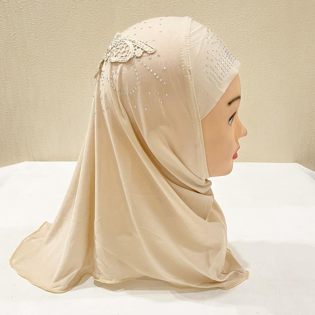 Luxury Instant Hijab Headscarf Fit 2-6 Years Old Girls Muslim Hijab Hat Islam Scarf Embroidery Rhinestone Full Cover Turban Caps