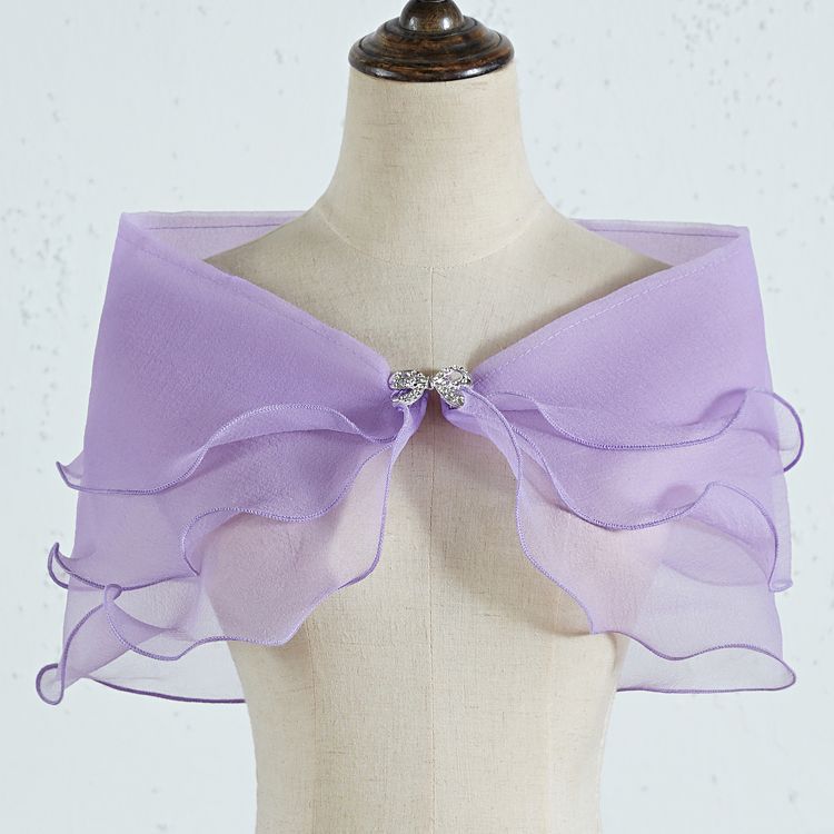 Ruffle Organza Shrug Bolero With Rhinestone Bow Clip Multi Color Sheer Tulle Cape Wrap For Off Shoulder Evening Prom Wedding Dress