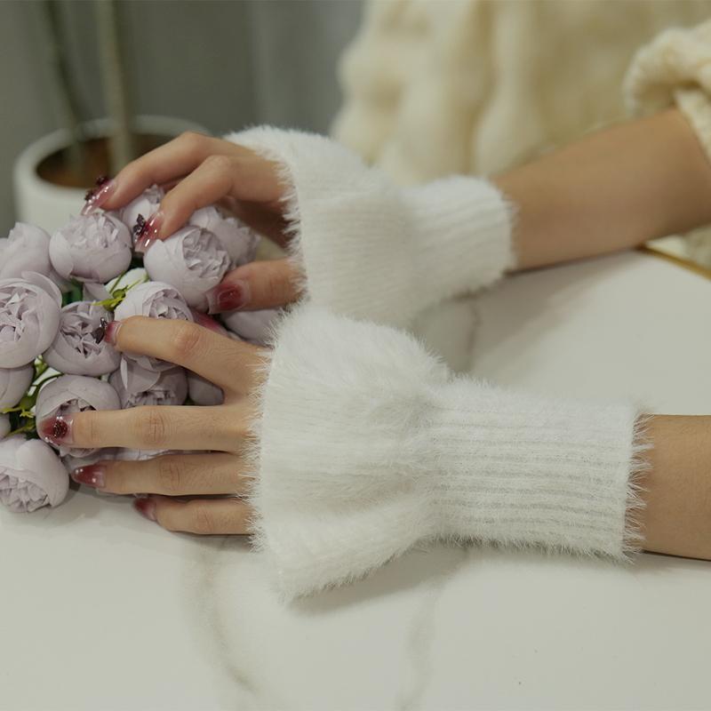 

Жіночі однотонні пухнасті мітенки, милі еластичні плюшеві розкльошені рукави, милі грілки для зап ясть для офісу та зими, чорні