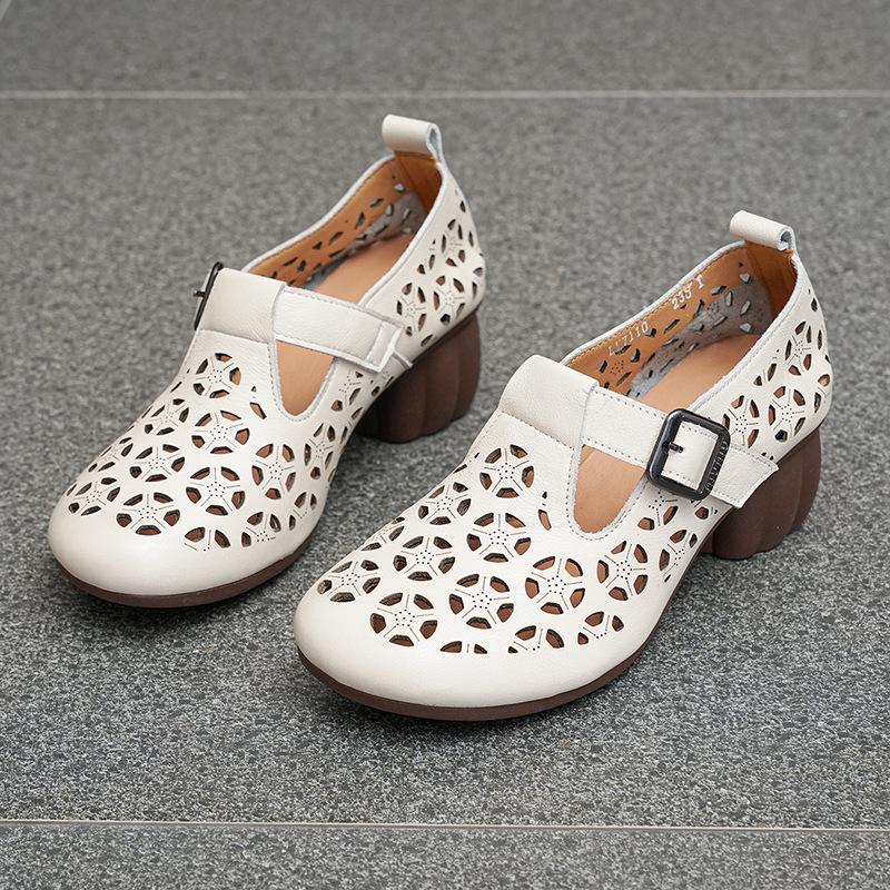 

Hole shoes retro breathable leather shoes thick heel sandals summer new women s shoes mother hollow sandals women 35 белый