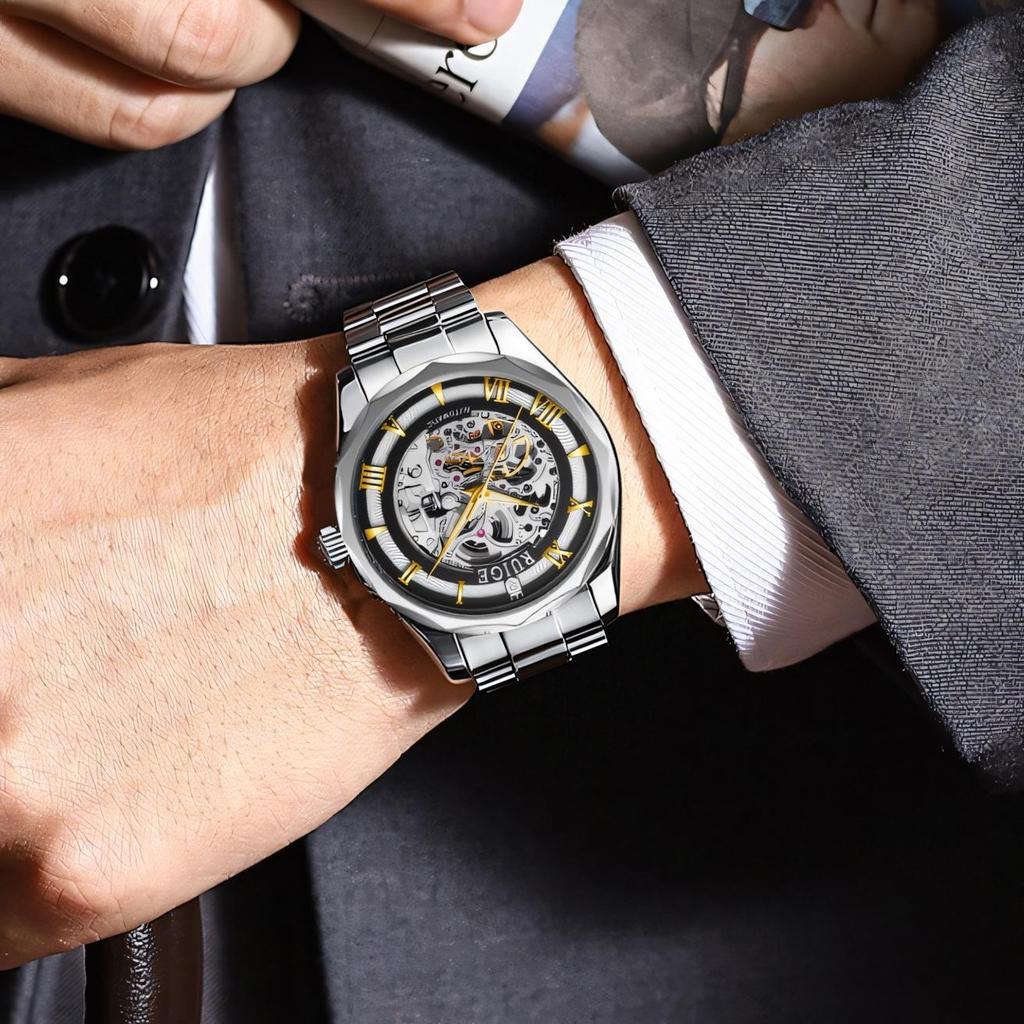 Hollowed Out Men's Fully Automatic Mechanical Watch Stainless Steel Men's Fashionable Waterproof Luminous Trendy Watch