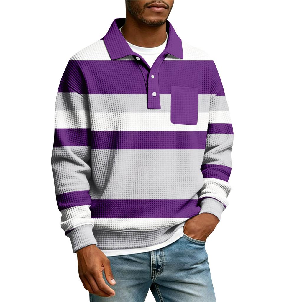Men's Striped Single Breasted Long Sleeved Shirt With Collar And Pockets  Casual Sports T,shirt