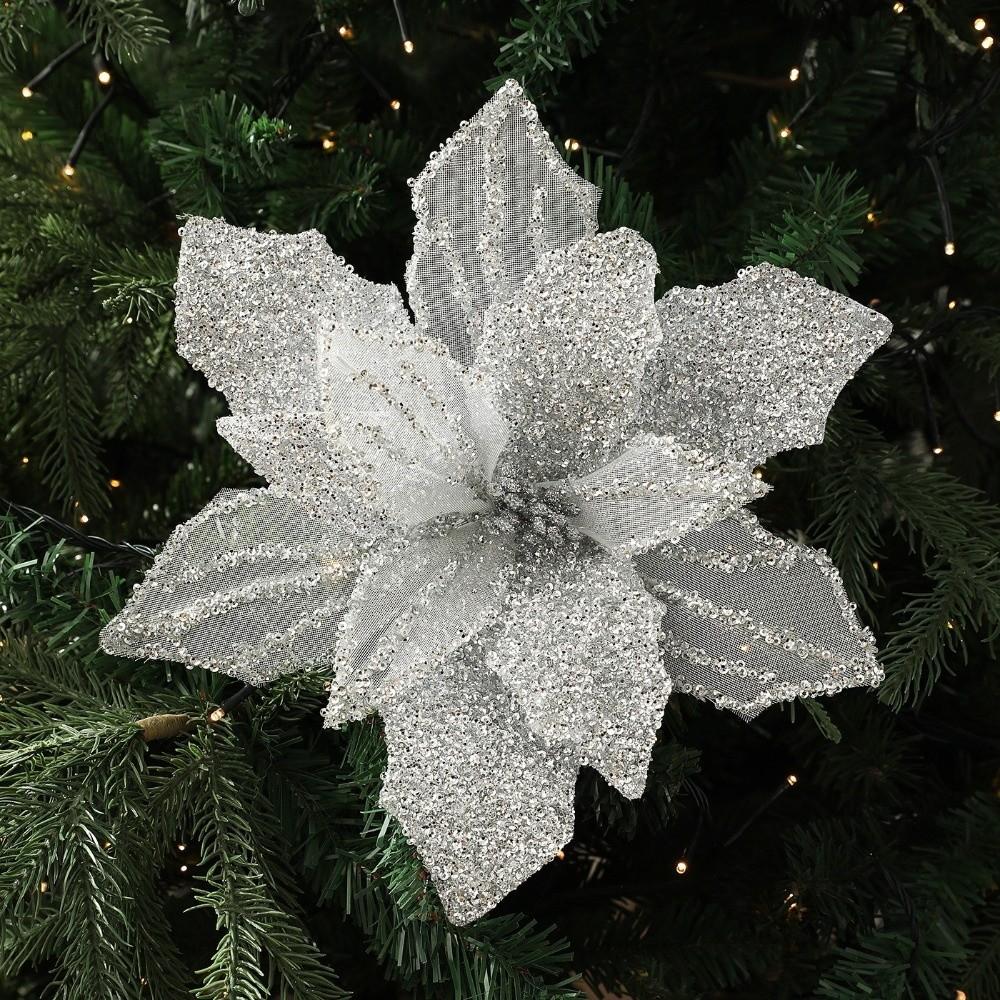 New 30CM Artificial Poinsettia Flower Sequins Glitter Simulation Flowers Sparkling Sequins Flower New Year Festival