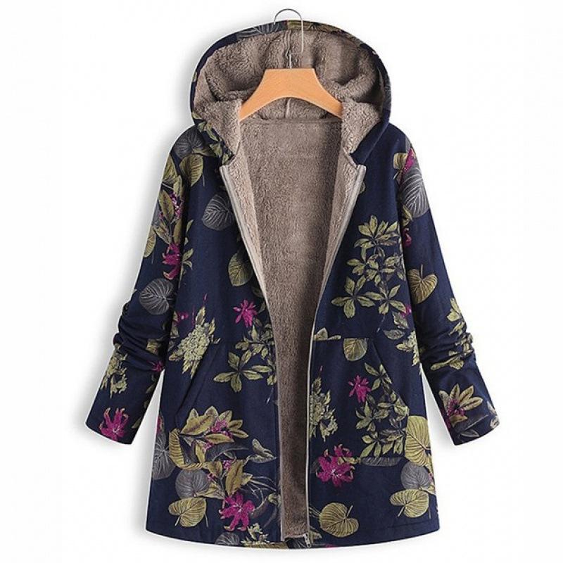 Jacket series casual printing cotton and linen printing plush inner hooded zipper women's clothing new