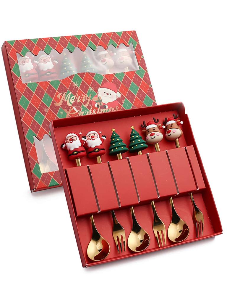 Leeseph Christmas Coffee Spoons Forks Set (4/6Pcs), Stainless Steel Spoon Forks Christmas Gifts for Kids(Red/Green Gift Box Set)