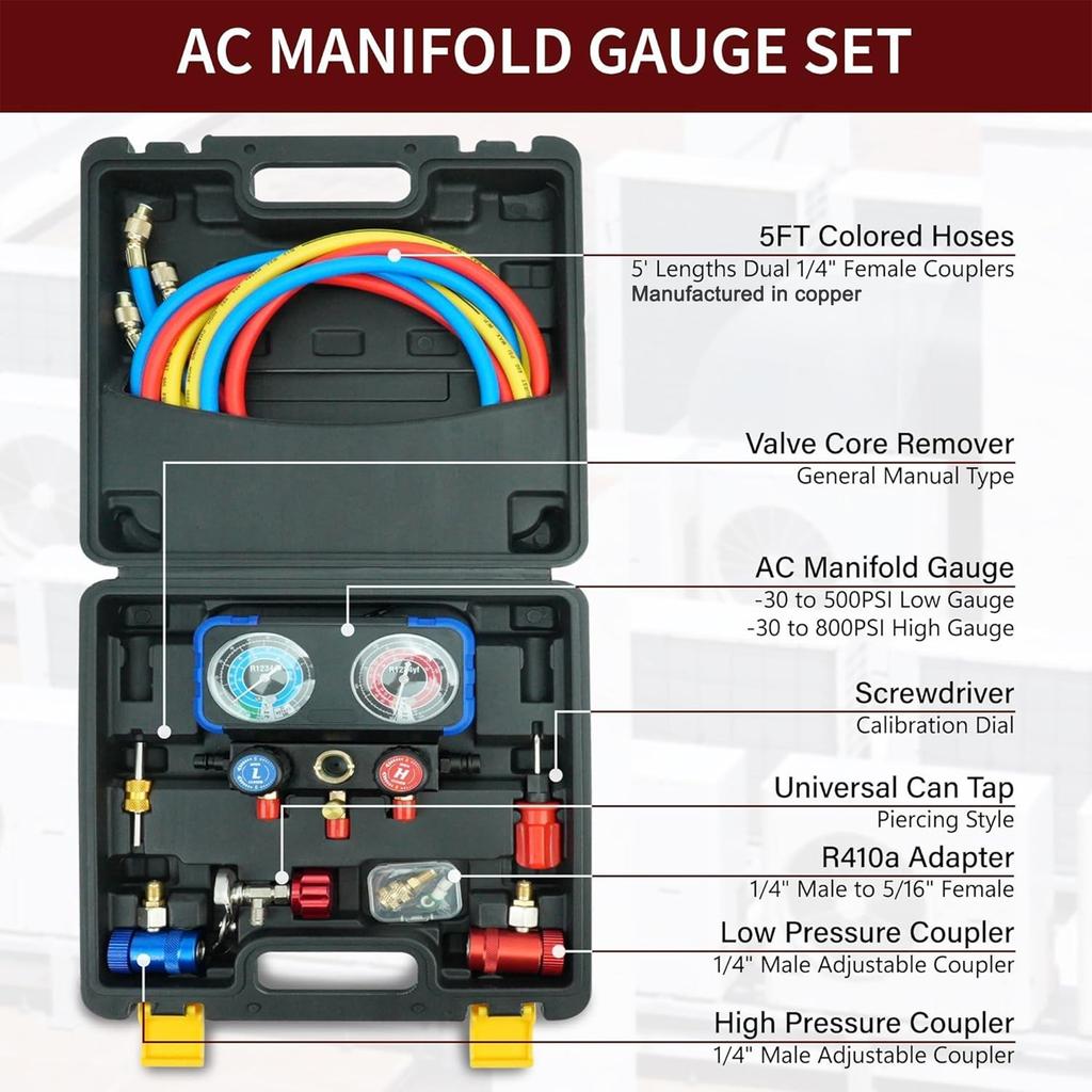 Professionelles R1234yf AC Manometer-Set (5ft Kupferschlauch, Manometer, Adapter) - Platzfest, bruchsicher für genaue Messwerte