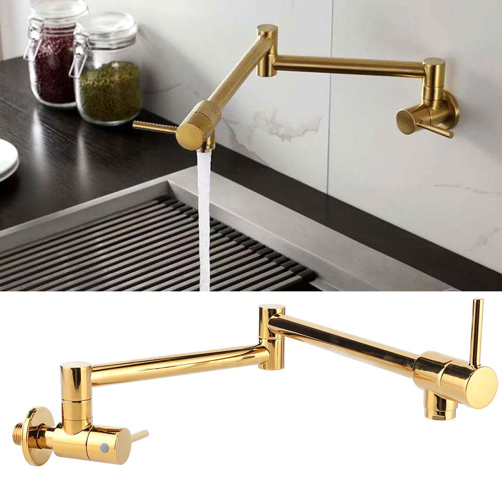 G1/2in Thread Brass Wall Mounted Foldable Kitchen Faucet Single Cold Single Hole Sink Tap with 2