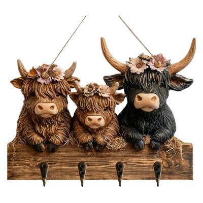 Natural Cow Shape Key Rack Wood Wall Hook for Entryway Decoration and Utility