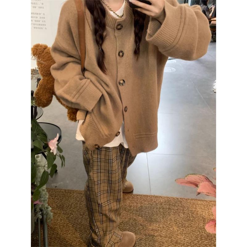 Solid color simple and versatile sweater jacket women's autumn and winter new loose casual lazy knitted cardigan top trendy