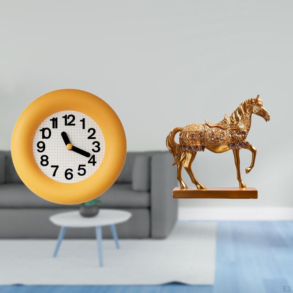 Silent Contemporary Analog Wall Clock with Engraved Horse Figurine Sculpture Resin Animal Statue for
