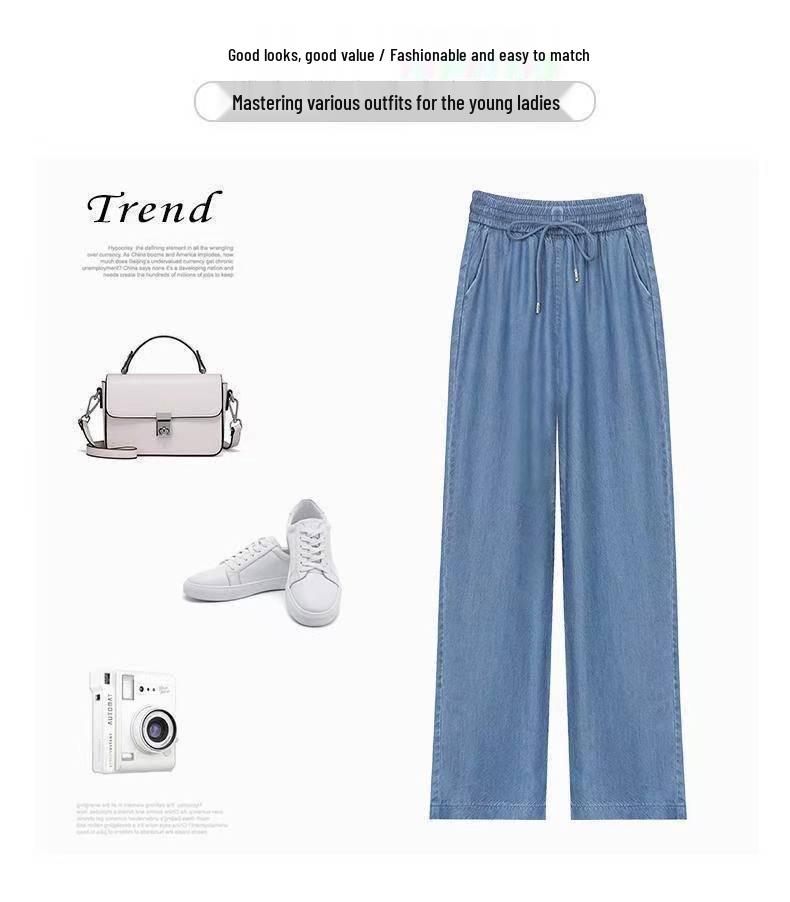 Women's Tencel Jeans - Summer 2026, Lightweight High Waist, Plus Size Ice Silk Wide Leg Pants