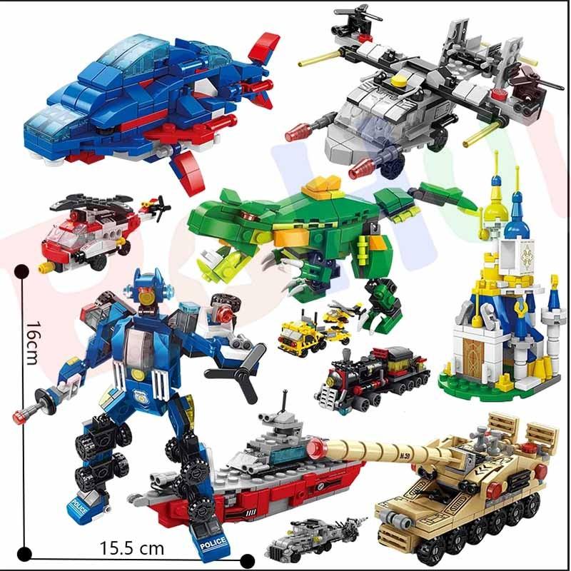 6 IN 1 City Engineering Car Police Truck Mech Dinosaur Building Blocks Tank Helicopter Bricks Fire Fighting Set Toys for Children