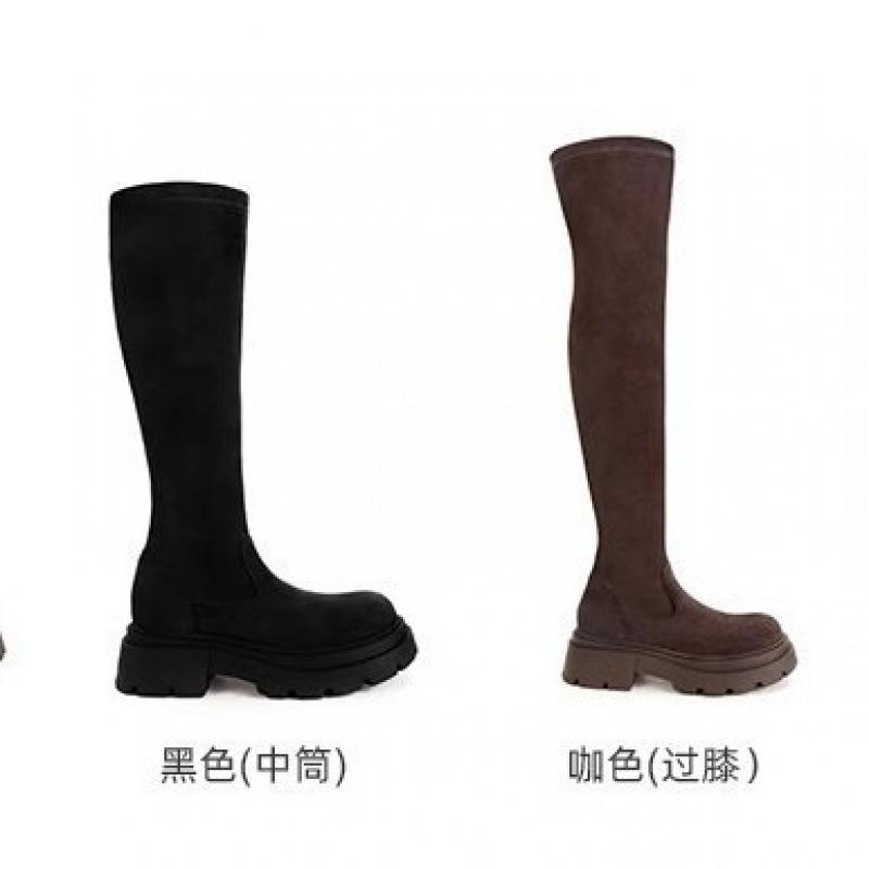 Rindsleder~ Stiefel Damen Dicksohlige Kleine Skinny Ritterstiefel Elastisches Wildleder Overknee-Stiefel