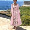 Women's V Neck Floral Print Maxi Dress Two Piece 3/4 Sleeve Chiffon Cardigan Elegant Casual Sundress Outfit Set