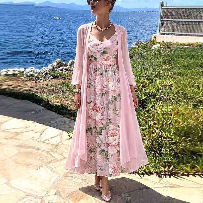 Women's V Neck Floral Print Maxi Dress Two Piece 3/4 Sleeve Chiffon Cardigan Elegant Casual Sundress Outfit Set