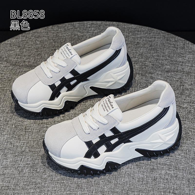 Thick-soled shallow-mouth dad shoes spring and autumn new leather small sports and leisure shoes