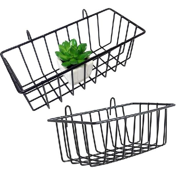Wall Grid Panel Basket Display Shelf Storage Rack 9.2"x3.9"x3.1" Pack of 2 (White)