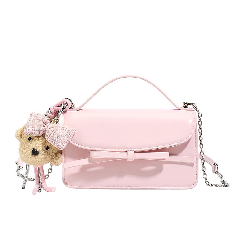 Fashion Sweet Bow Decor Small Satchel Bag Faux Leather with Chain Strap Crossbody Purse Plush Teddy Pendant Convertible Handbag