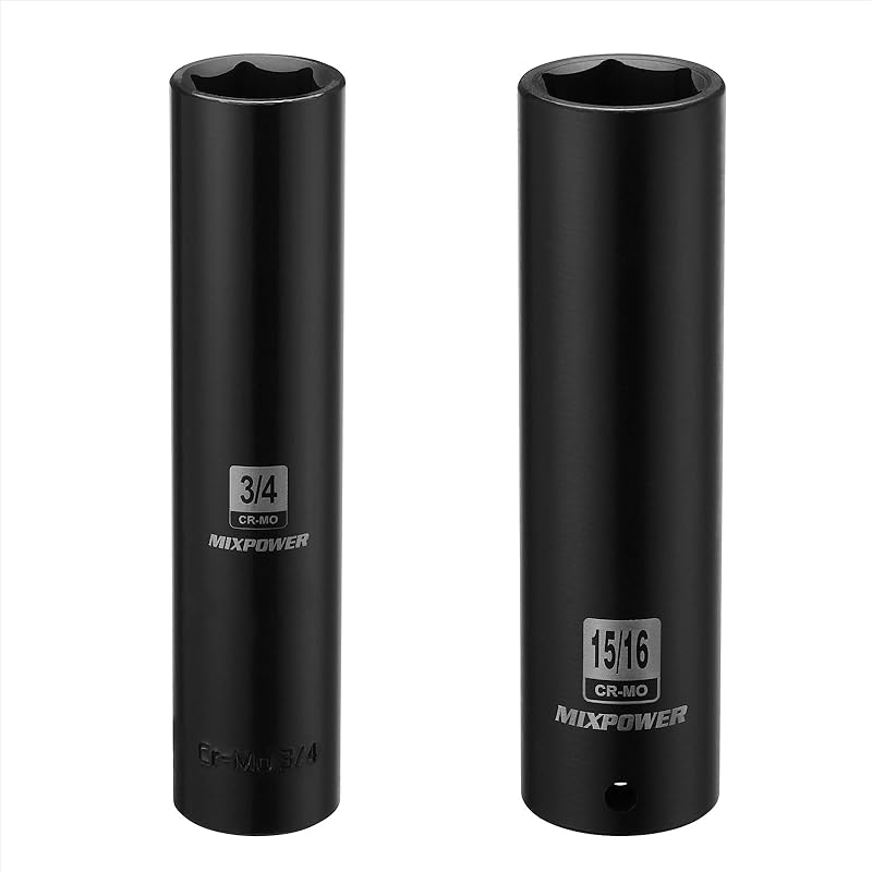 MIXPOWER 1/2" Dr. x 3/4-inch Extra Long Deep, 6 Point Impact Socket, Cr-Mo Alloy Steel, Radius Corner Design, Dual Size Markings, 5 inch Length