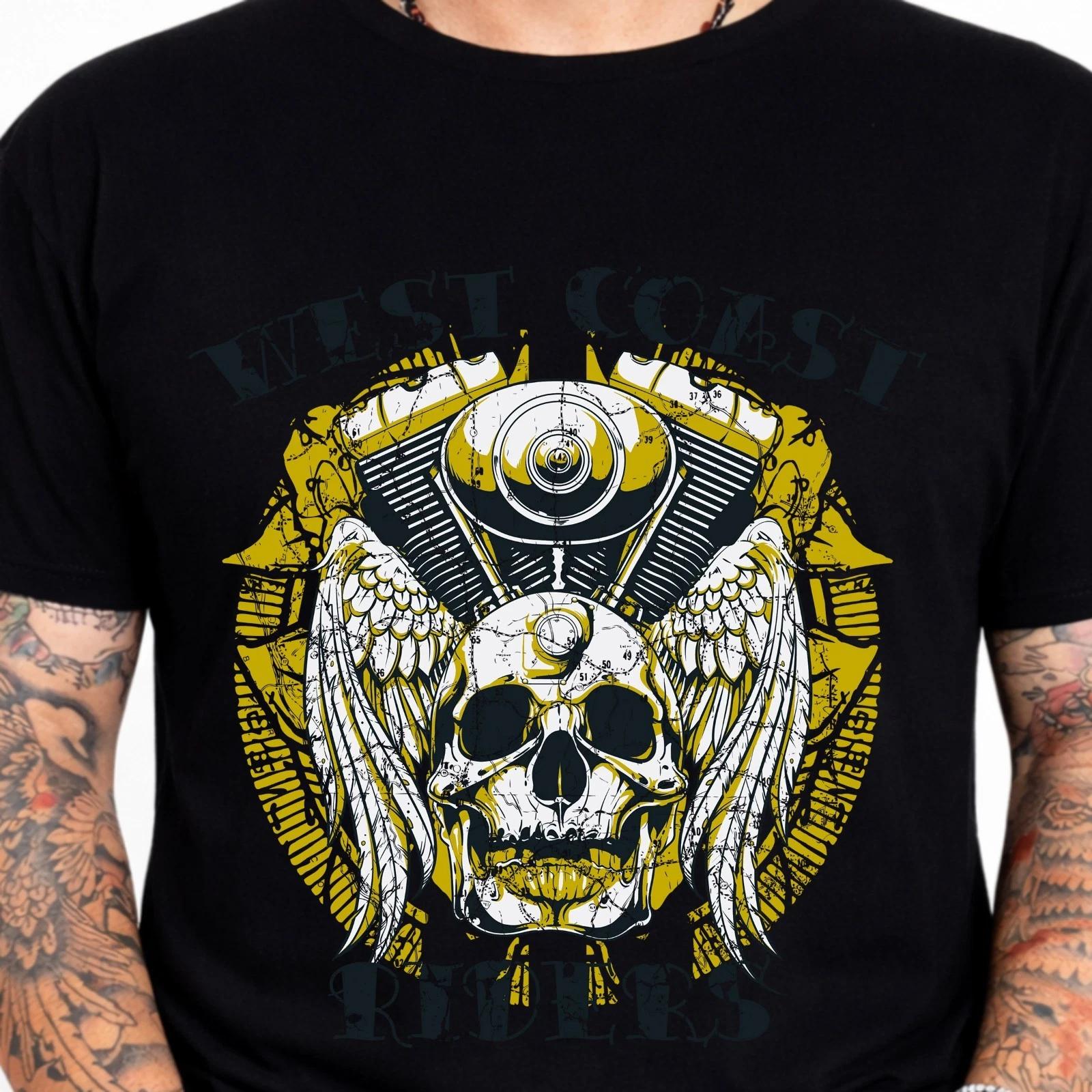 Motorcycle Biker T-Shirt Winged Skull Engine Vintage Chopper Rider Gift Tee 3XL