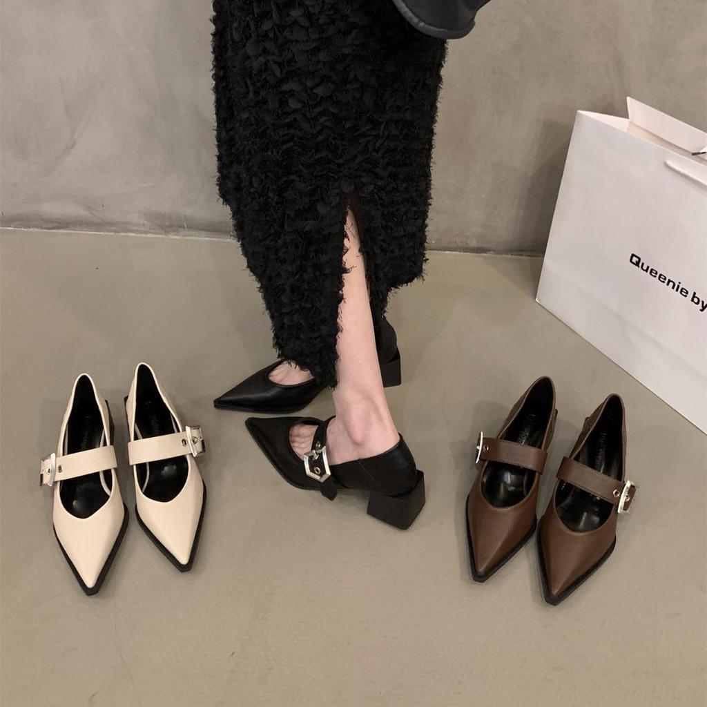 Single shoes 2024 new spring and autumn pointed high heels thick heel Mary Jane French retro small leather shoes single shoes women's shoes
