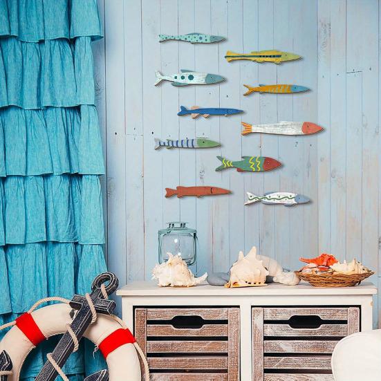 10 Stück Holzfisch Wanddeko Hängende Küsten Strand Wandkunst für Ozean Nautische Dekoration Vintage Fisch Wandskulptur für Seehaus Badezimmer Wohnzimmer