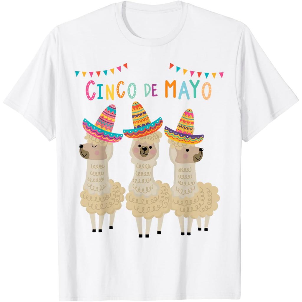Cinco De Mayo Llama Sombrero Fiesta Graphic Print Cotton T-Shirt Casual Short Sleeve Tee
