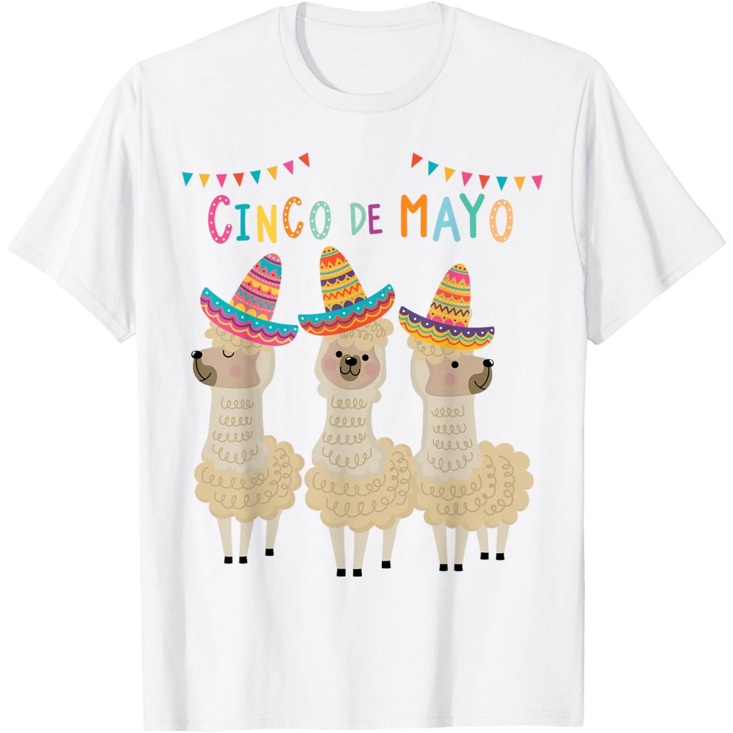 

Cinco De Mayo Llama Sombrero Fiesta Graphic Print Cotton T-Shirt Casual Short Sleeve Tee S