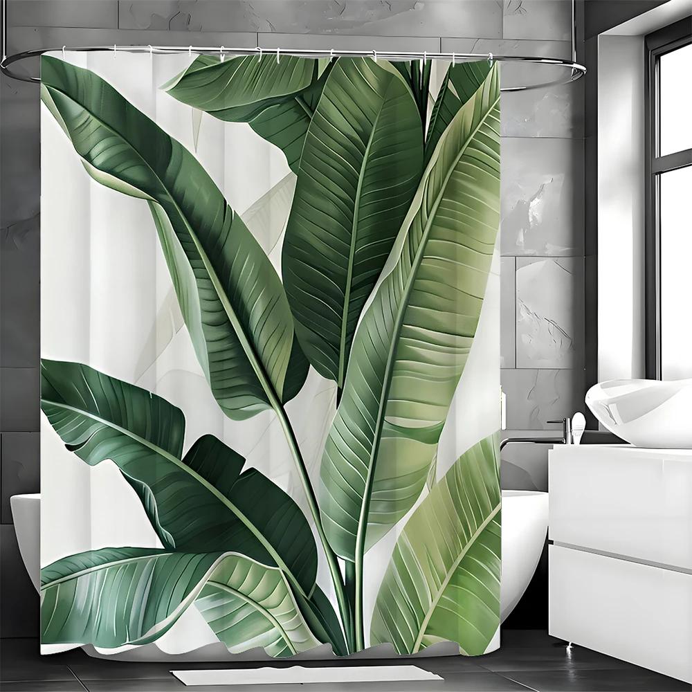 Tropical Banana Leaf Shower Curtain, Bathroom Decorative Shower Curtain, Waterproof Shower Curtain with Hooks