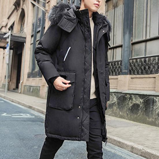 Men Down Jacket Fur Collar Hooded Long Sleeve Solid Color Winter Coat Zipper Placket Pockets Thickened Puffer Outwear