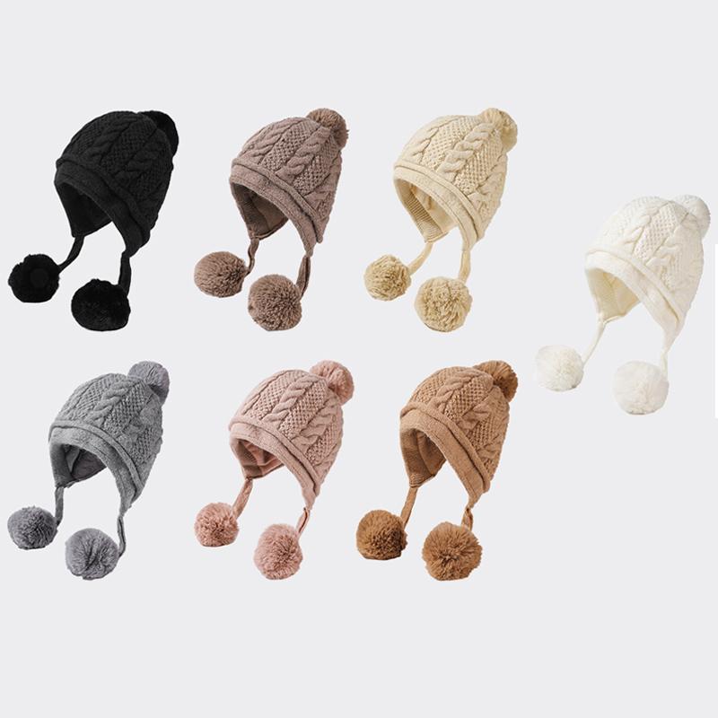 Women's Winter Thick Ear Protecting Three Hair Ball Rabbit Hair Knitted Hat Outdoor Riding Warm Hat
