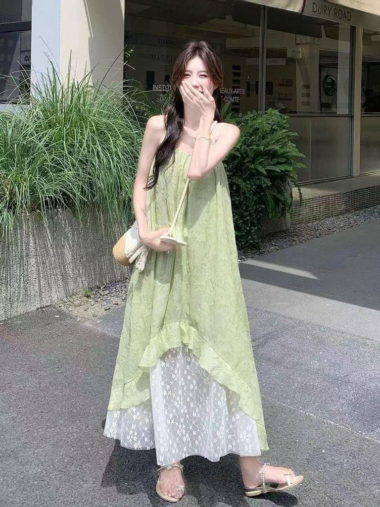 Stunning 2025 Summer French Niche Double-Layered Floral Mesh Dress for Women