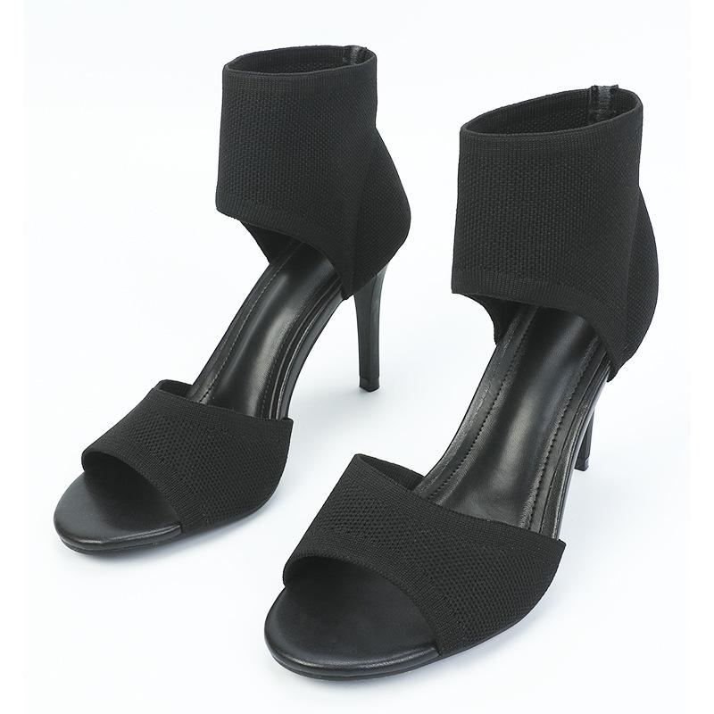 Women's Black Summer High-Heeled Sandals with Comfortable Woven Upper and Thin Heel