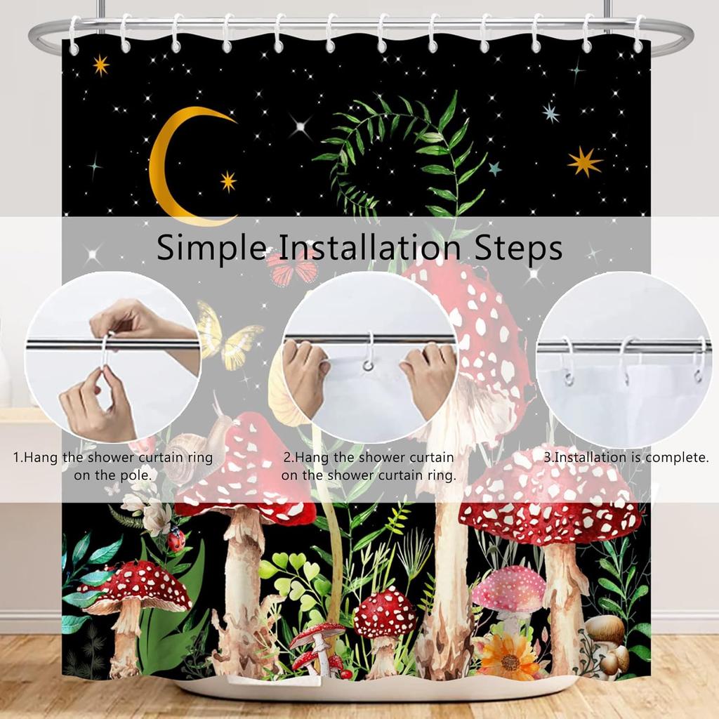 Renaiss 72X72 Inches Mushroom Boho Shower Curtain Retro Red Mushrooms Butterfly Botanical Wildflowers Green Plant Starry Night S
