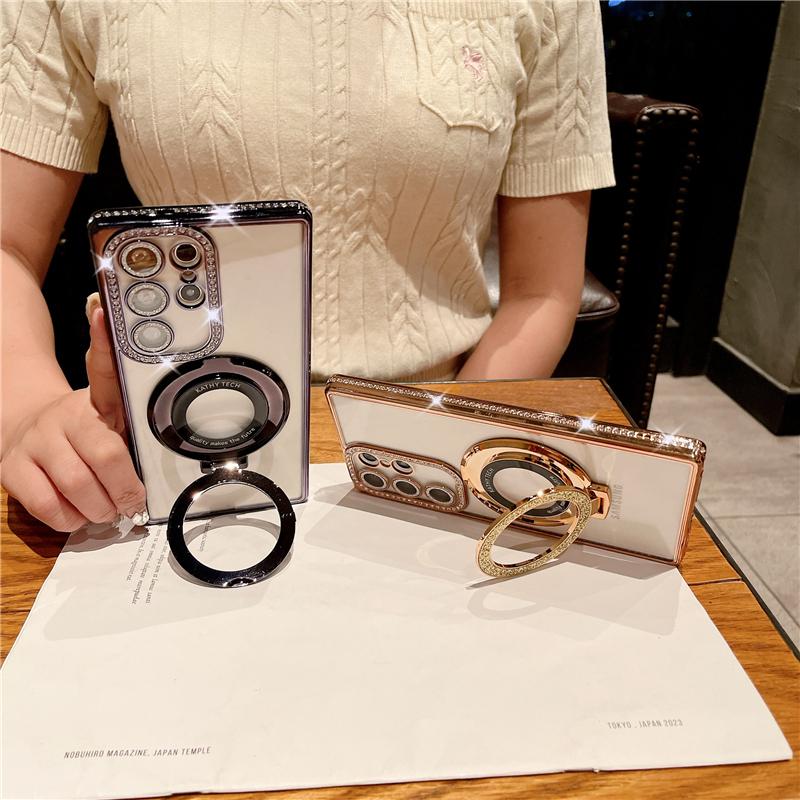 For Samsung Galaxy S25Ultra Luxury Flash Diamond Plating Frame Glitter Stand Holder Phone Case For Samsung S22 S23 S24Plus Cover