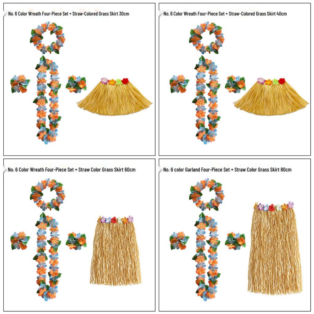 Kaifeng Summer Hawaiian Grass Skirt and Flower Garland Dance Party Set - 5 Pieces (30CM, 40CM, 60CM, 80CM)