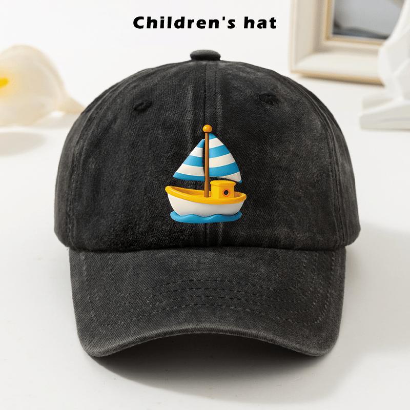 Sailboat Baseball Cap Denim Washed Curved Brim Outdoor Casual Adjustable Hat for Kids One Size
