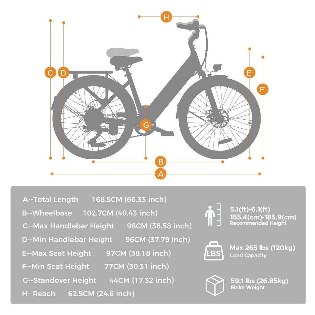 Hillmiles Milecity 1 26 Inch Electric Commuter Bike, 250W City EBike with 7 Speed, 36V 13Ah Removable Battery, Max 80km Range