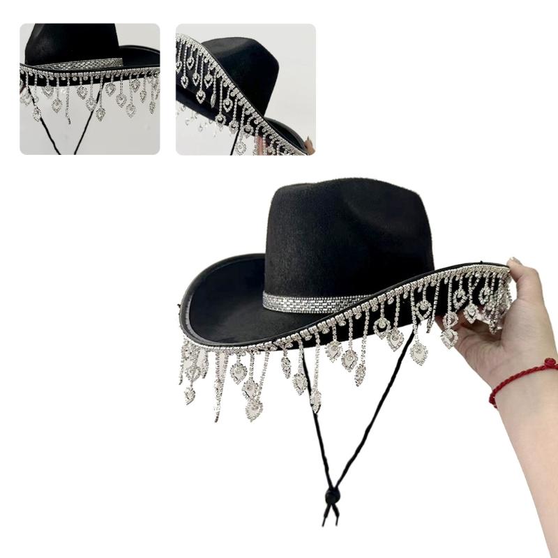 Glänzender Sommer-Cowgirl-Hut mit Herz-Strass-Fransen für Hochzeiten