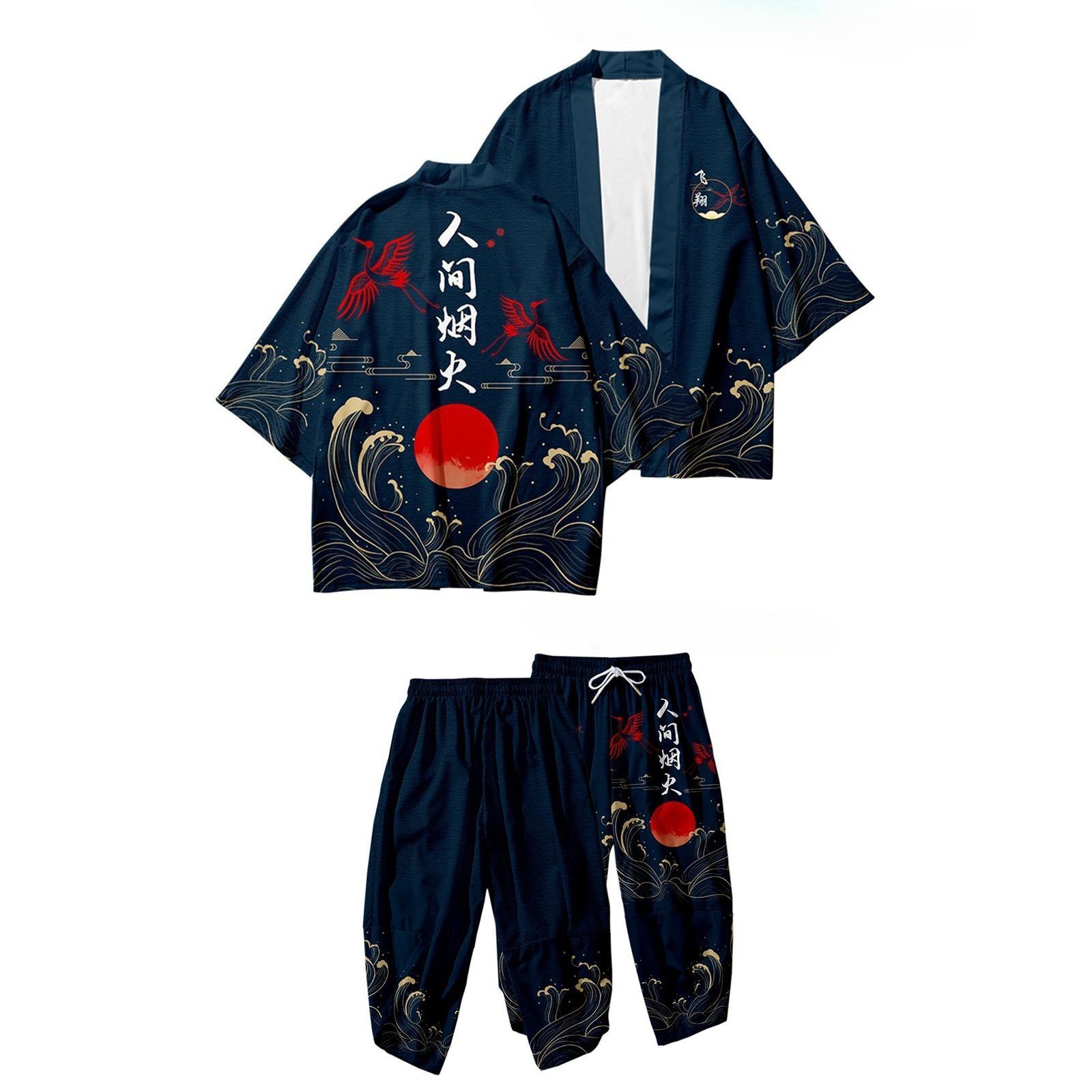 Кардиган в национальном стиле с изображением журавля плащ-костюм 3D-печатный дракон тотем укиё-э кот брюки-кимоно халат M 2760₽