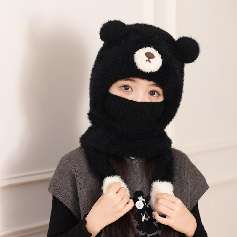 Children Face Cover Brimless Hat Neck Warmer With Cartoon Bear Design Pullover Earflap Hat For Toddler Skiing Hiking
