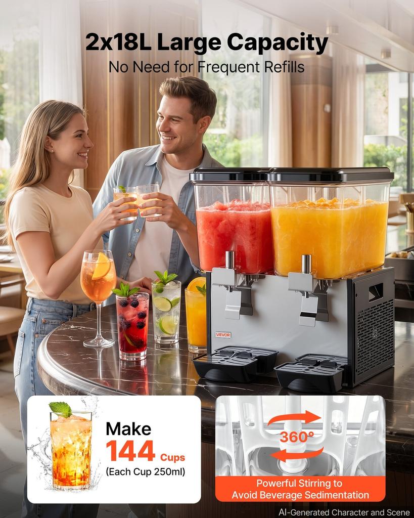 Commercial Beverage Dispenser 2 Tanks 18 L / 19 QT Per Tank, Stainless Steel Juice Dispenser, Ice Tea Drink Machine with 7 to 12 Cooling Temperature,