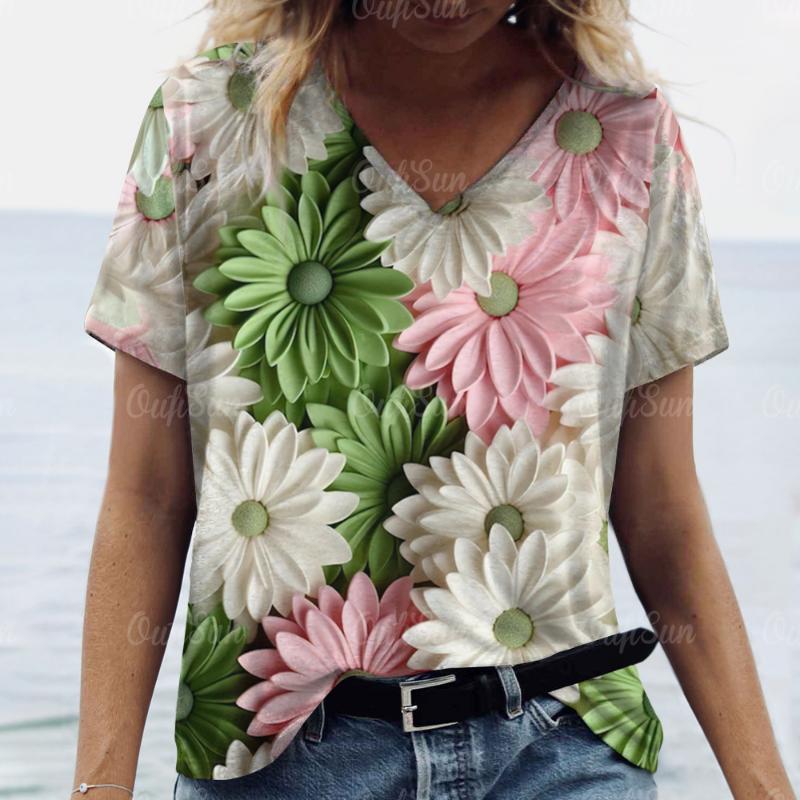 2025 Women T shirt Summer 3D Floral T-Shirt Plus Size Women's Clothing Oversized Designer Short Sleeve Shirt Women V Neck Blouse
