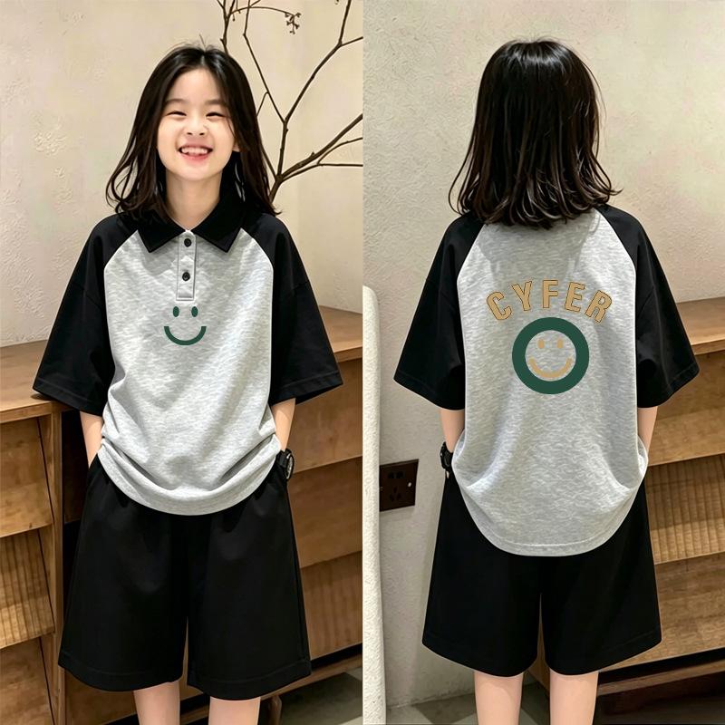 Girls' Loose Lapel Short-Sleeve Patchwork Polo T-Shirt Set - Summer Fashion for Medium & Large Children
