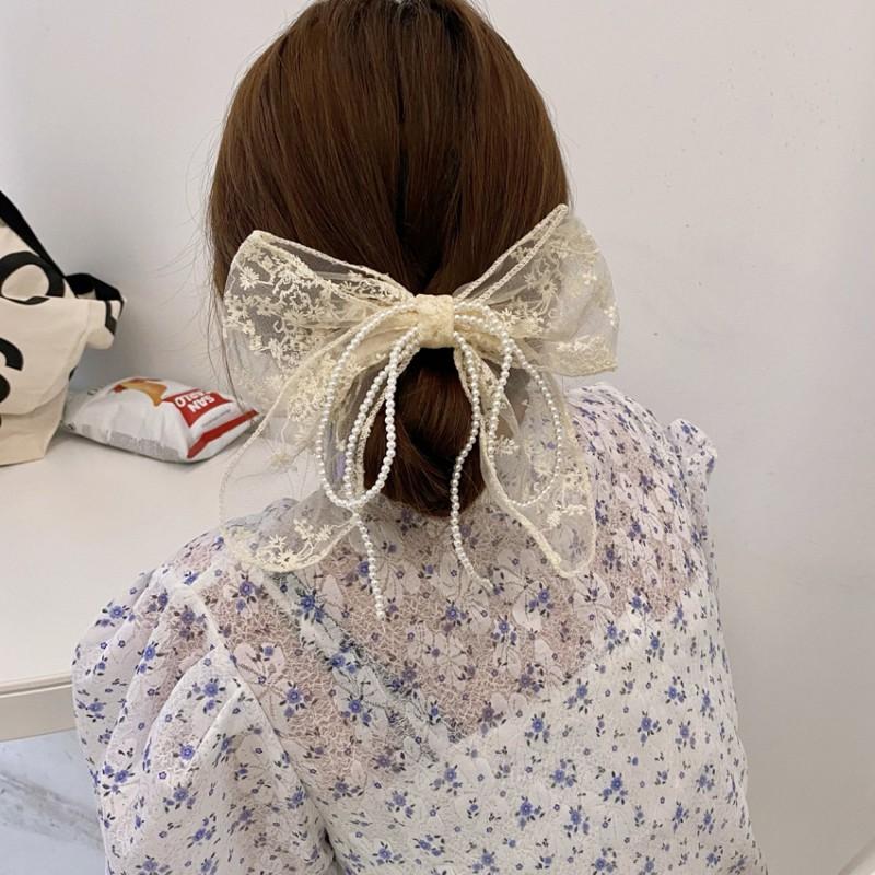 Handmade Lace Bow Hair Clip With Embroidery Pearl Trim Clamp Women Boho Chic Updo Accessory