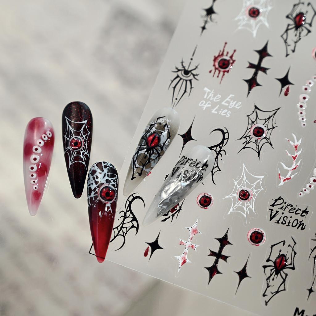 Dark Blood-Colored Spider Demon Eye Nail Stickers Gothic Red and Black Thorn Cross Cobweb Grunge Self-Adhesive Nail Decals