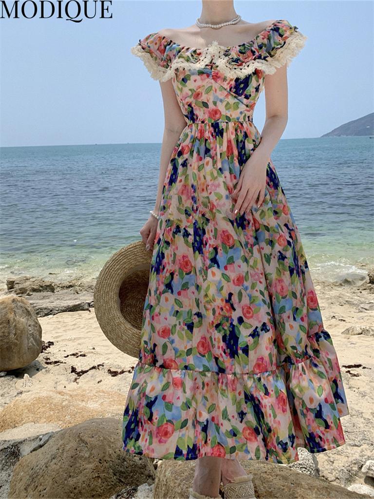 MODIQUE Sommar Kvinnor Elegant Färgglatt färgtryck Casual Beach Chiffong Girly Långa Klänningar Holiday Lady Fairycore Sweet Atmosphere Klänningar
